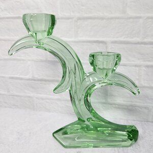 Vintage Rattenberg Bleikristall? Half Moon Candle Holder Mint Green Glass Double